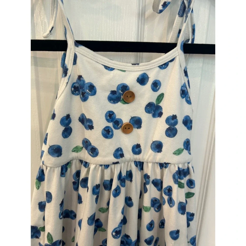 Boutique Blueberry Print Sundress White Blue Tie Shoulder Ruffle Hem Dress Bin A